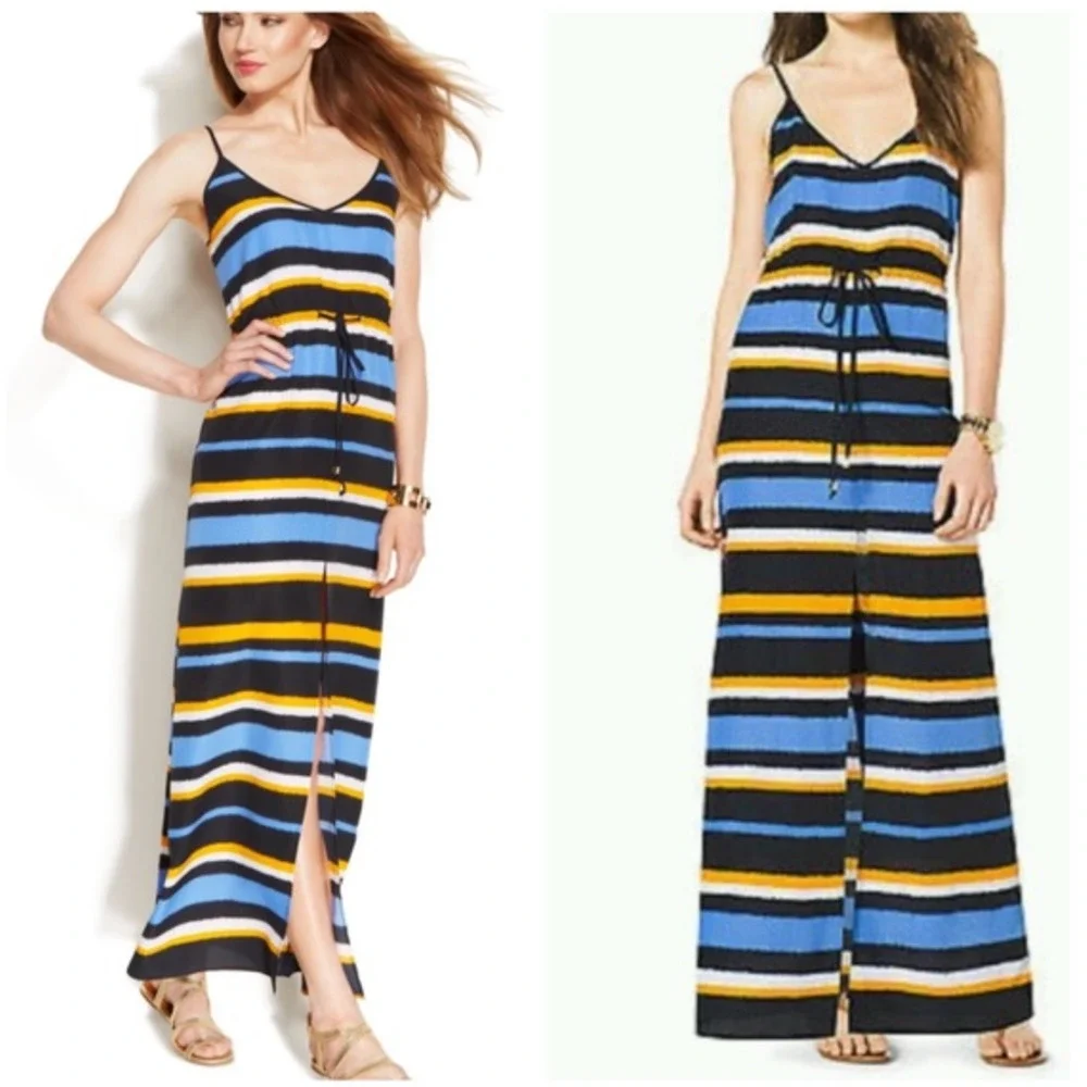 Michael Kors Striped Maci Maxi Dress Womens S Small Front Slit Waist Tie V Neck